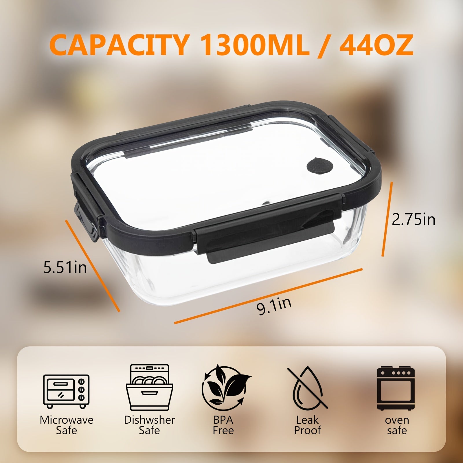 BYLWORKOUT 44oz High Quality Borosilicate Glass Lunch Box With Glass Lid, Suitable For Microwave, Refrigerator, Oven, Reusable Fresh-keeping Boxglass Food Storage Containers With Lids