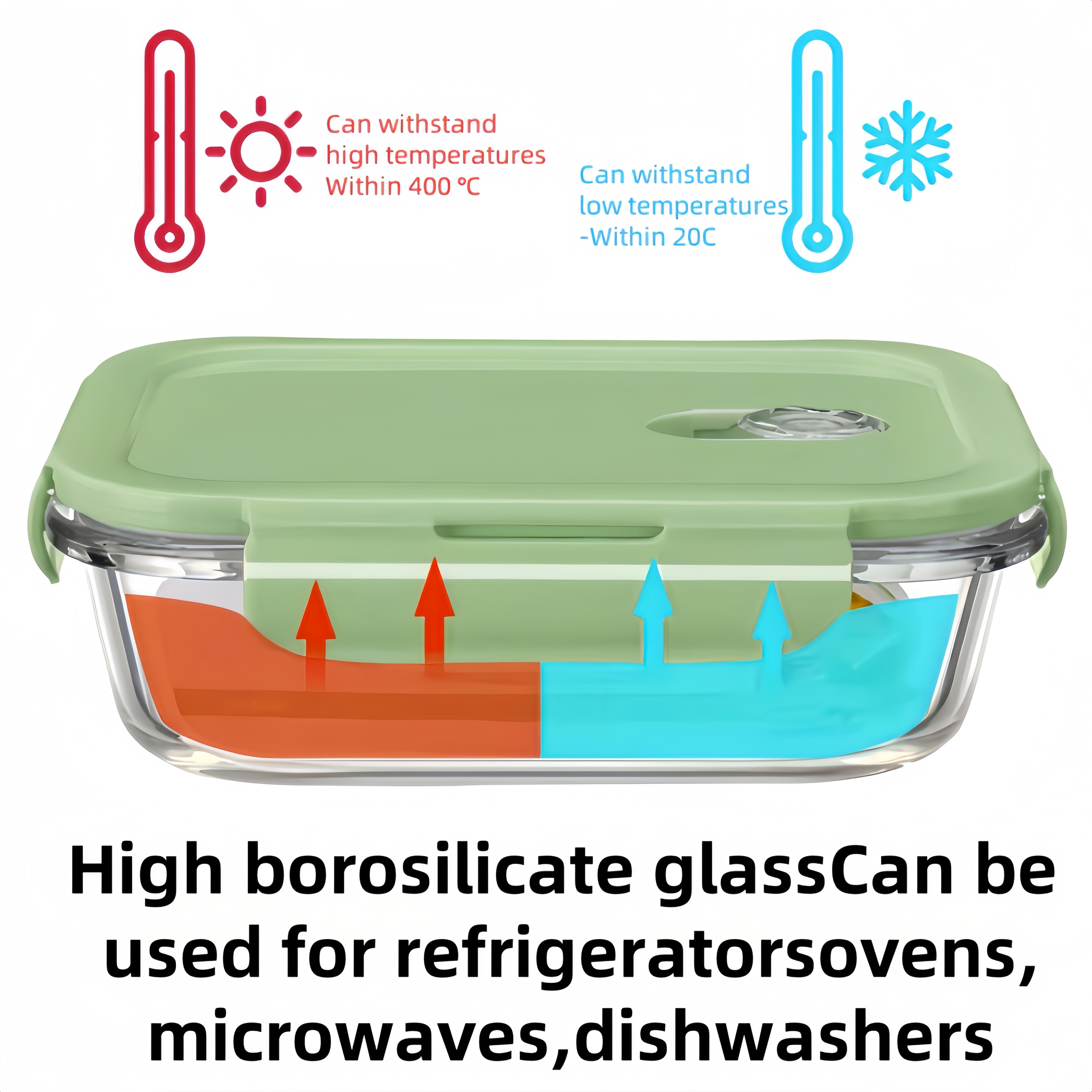 1pc Green Rectangular 35.17oz Borosilicate Thickened Glass Food Storage Container Leak-Proof, Healthy and Safe, Microwave and Oven Heatable, Refrigerator Freezer, Built-in Silicone Ring with Four-Side Locking Dual Seal, Airtight Lid, Stackable, Reusable