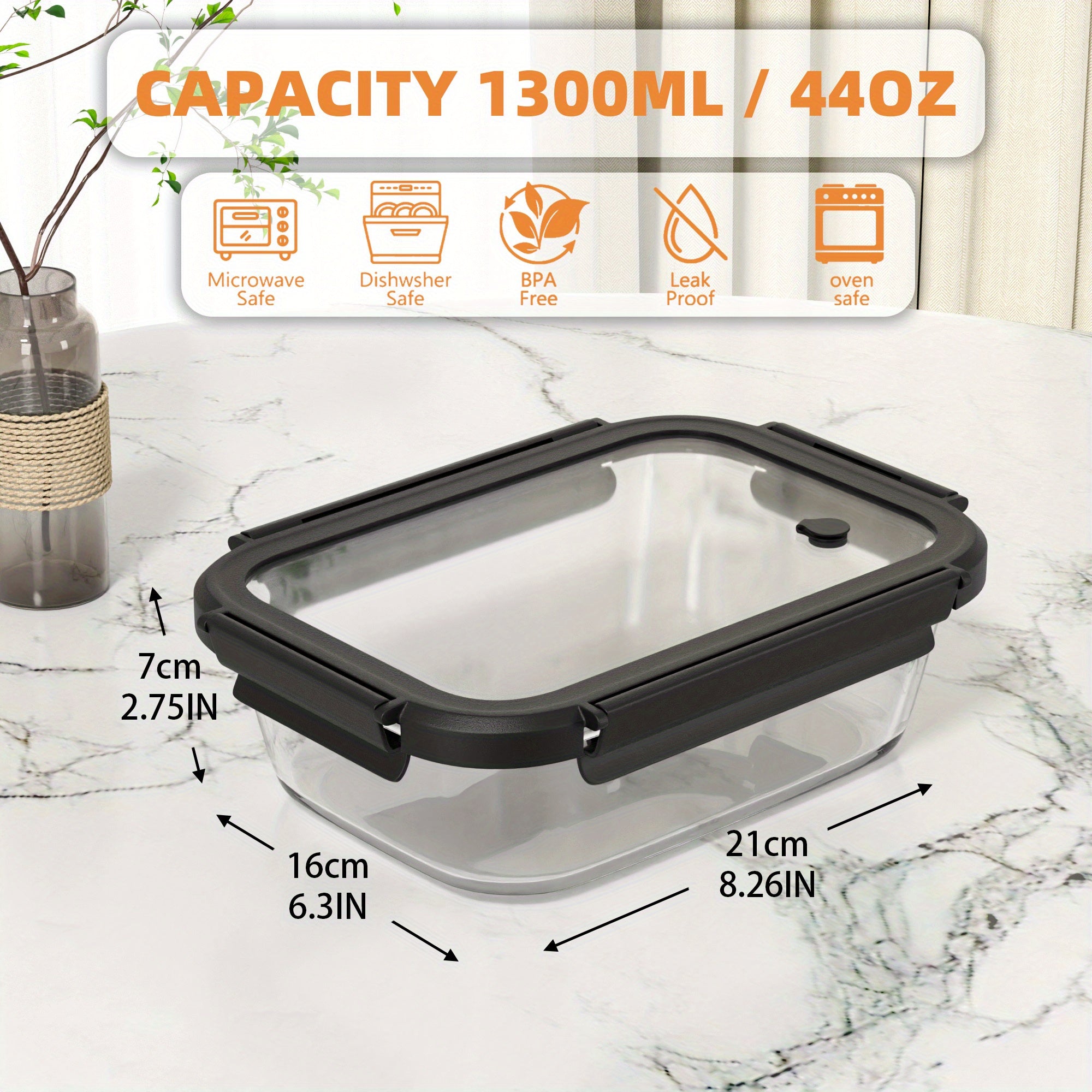 44oz High Borosilicate Glass Lunch Box with Lid - Microwave, Oven, and Freezer Safe, Reusable Food Storage Container for Salads, Snacks, and More, Salad Container | Modern Lunch Box | Durable Glass
