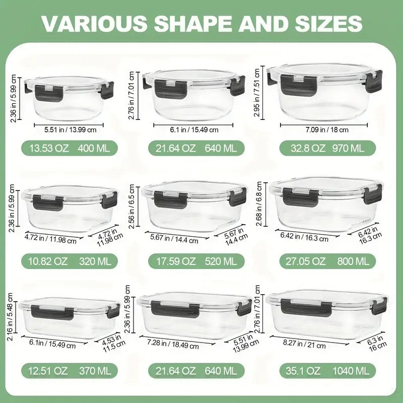 [Leak Proof Glass Containers] 12pcs Leak Proof Glass Food Storage Containers with Lids | Garlic Storage Box, Spice Jar, Meal Prep, Pantry Kitchen Storage Containers for Lunch, Airtight Glass Lunch Bento Boxes for Microwave, Oven, Freezer And Dishwasher