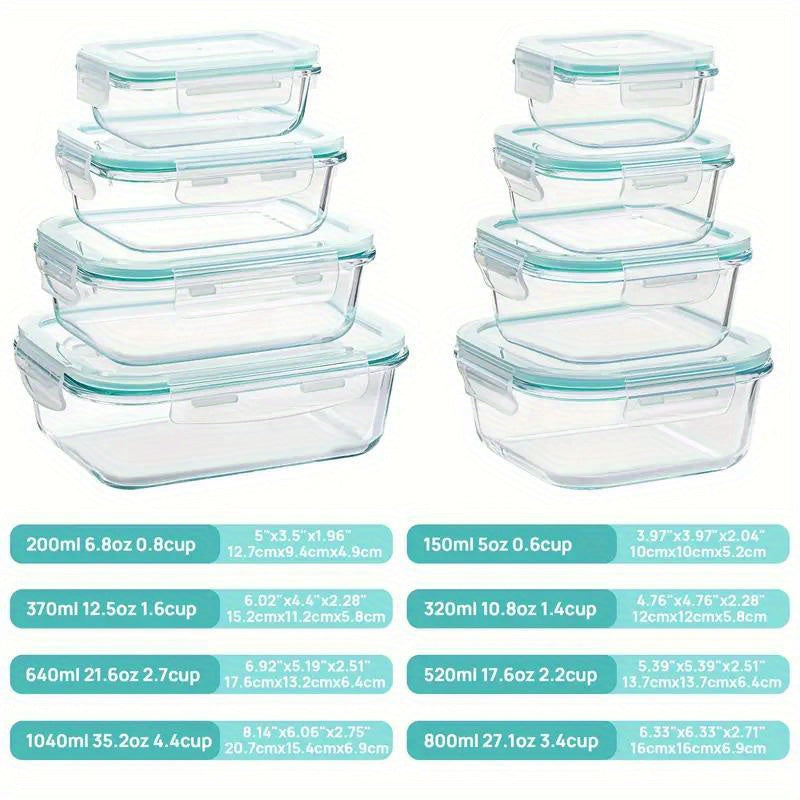 16pcs Glass Meal Prep Containers Set, Food Service Delivery Boxes, Portable Lunch Bento Boxes with Leak-Proof Lids, Suitable for Vegetables and Fruits, Lunch Storage Containers, Kitchen Restaurant/Cafe Back-to-School Supplies, Reusable, Flip-Top Closure,