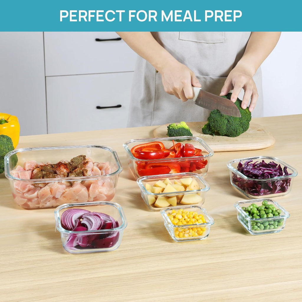16pcs Glass Meal Prep Containers Set, Food Service Delivery Boxes, Portable Lunch Bento Boxes with Leak-Proof Lids, Suitable for Vegetables and Fruits, Lunch Storage Containers, Kitchen Restaurant/Cafe Back-to-School Supplies, Reusable, Flip-Top Closure,