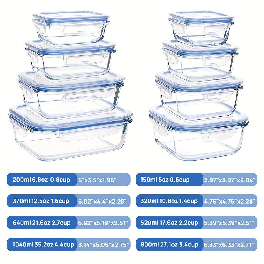 [8pcs Glass Container] 8pcs Glass Food Storage Container | Leak Proof, Microwave, Oven, Freezer And Dishwasher Safe, BPA-Free | For Fresh Food Storage, Portion Control And Leftovers