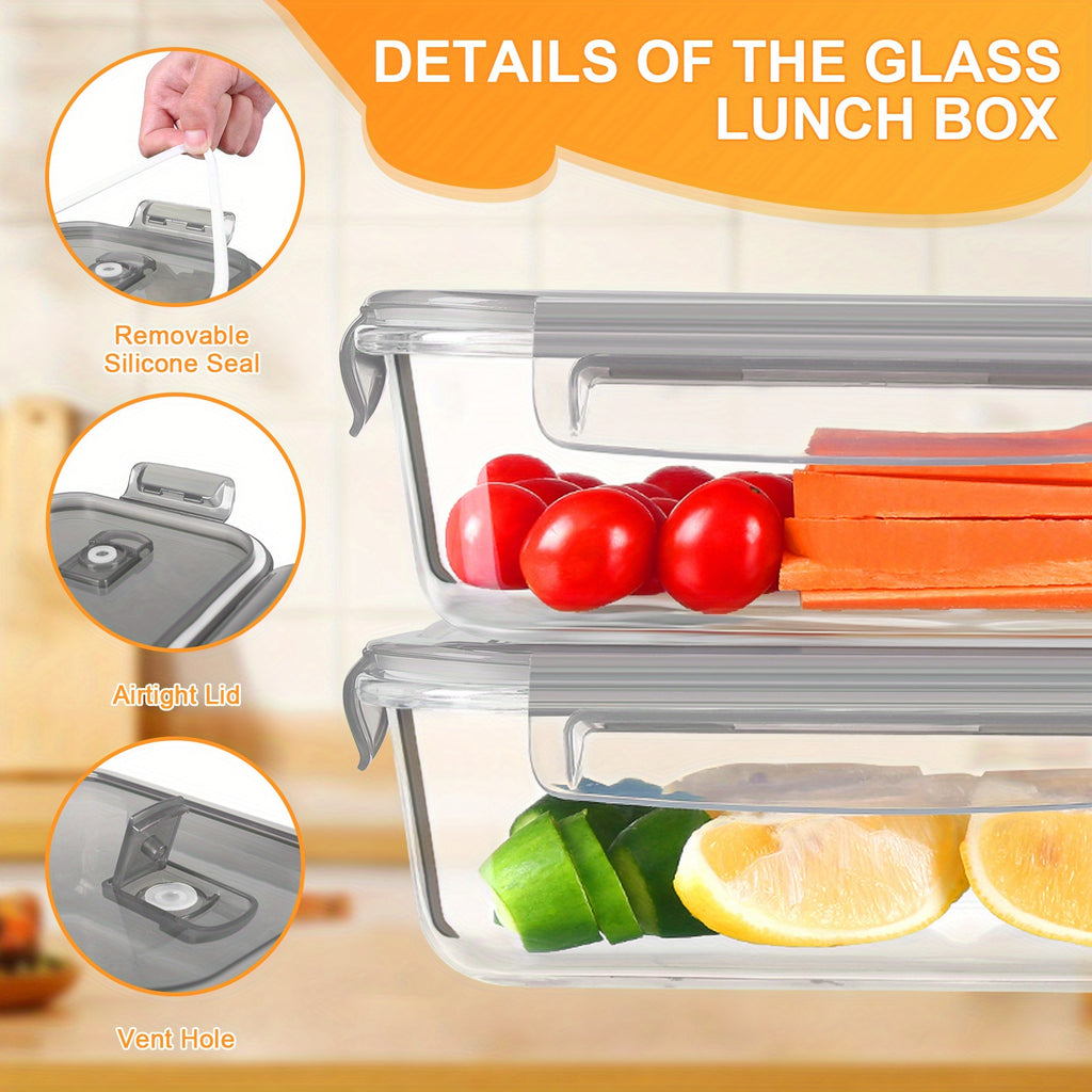 1pc Glass Lunch Box Set with Lid (Grey) - Borosilicate Glass Lunch Box, Baking Container with Snap Airtight Lids for Microwave, Glass Food Container, Microwave and Dishwasher Safe, Rectangular Food Storage Container for Students and Office Workers