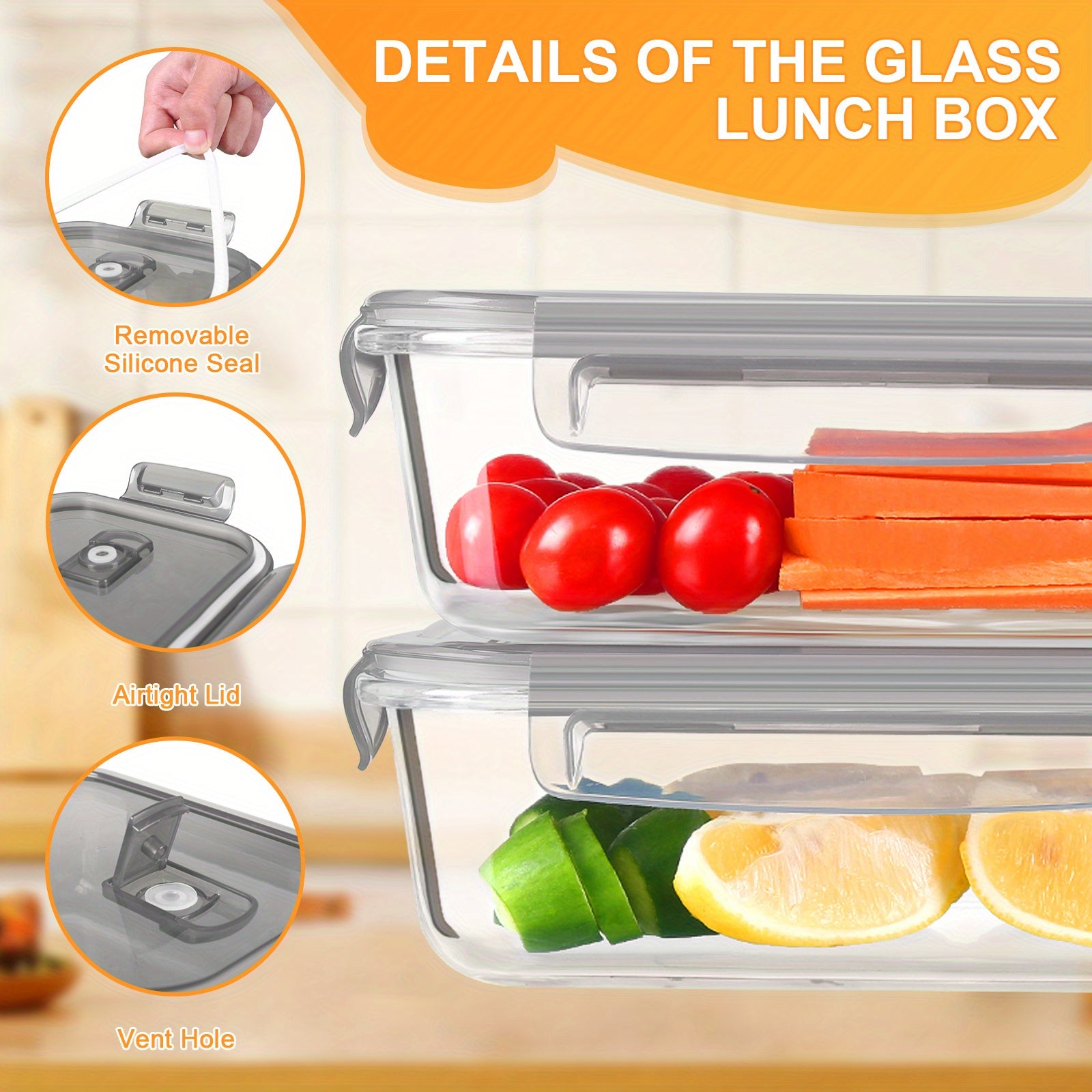 1pc Glass Lunch Box Set with Lid (Grey) - Borosilicate Glass Lunch Box, Baking Container with Snap Airtight Lids for Microwave, Glass Food Container, Microwave and Dishwasher Safe, Rectangular Food Storage Container for Students and Office Workers