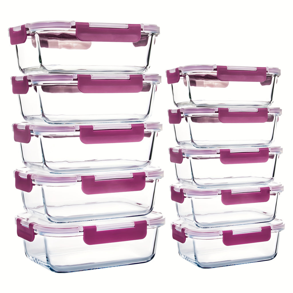 [10-PACK] High Borosilicate Glass Meal Prep Containers Set, Food Storage Containers with Airtight Leakproof Lids, for Home Kitchen Office Lunch, Dark Purple