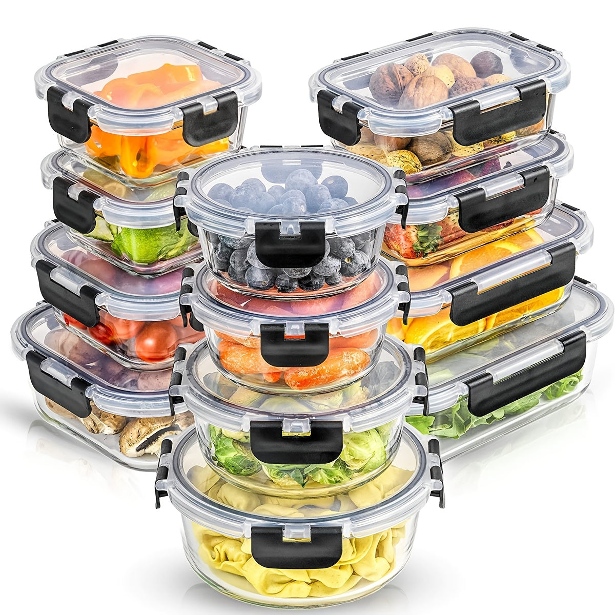 [24pcs Kitchen Organizer] 12 Sealed, Frozen Food Storage Boxes And 12 Lids, 24pcs Kitchen Organizer, Lunch Glass Lunch Box, Airtight Leak Proof Glass Storage Box With Lid Kitchen Storage Utensils, Holiday Gifts