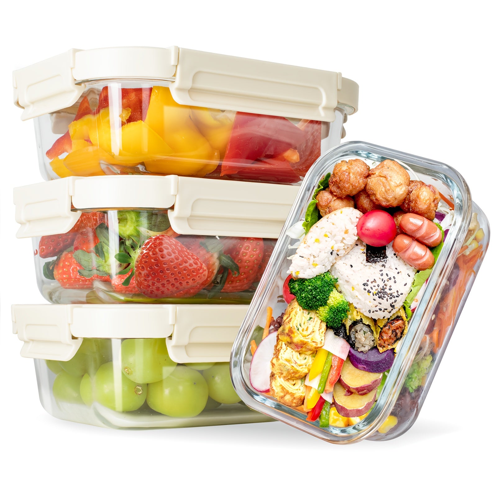 Containers for Meal Preparation Made of Glass with Unique Lids, Safe for Food, Suitable for Lunch Storage, Organizing Pantry Items, And Can Be Used from Freezer to Oven Without Leaking.