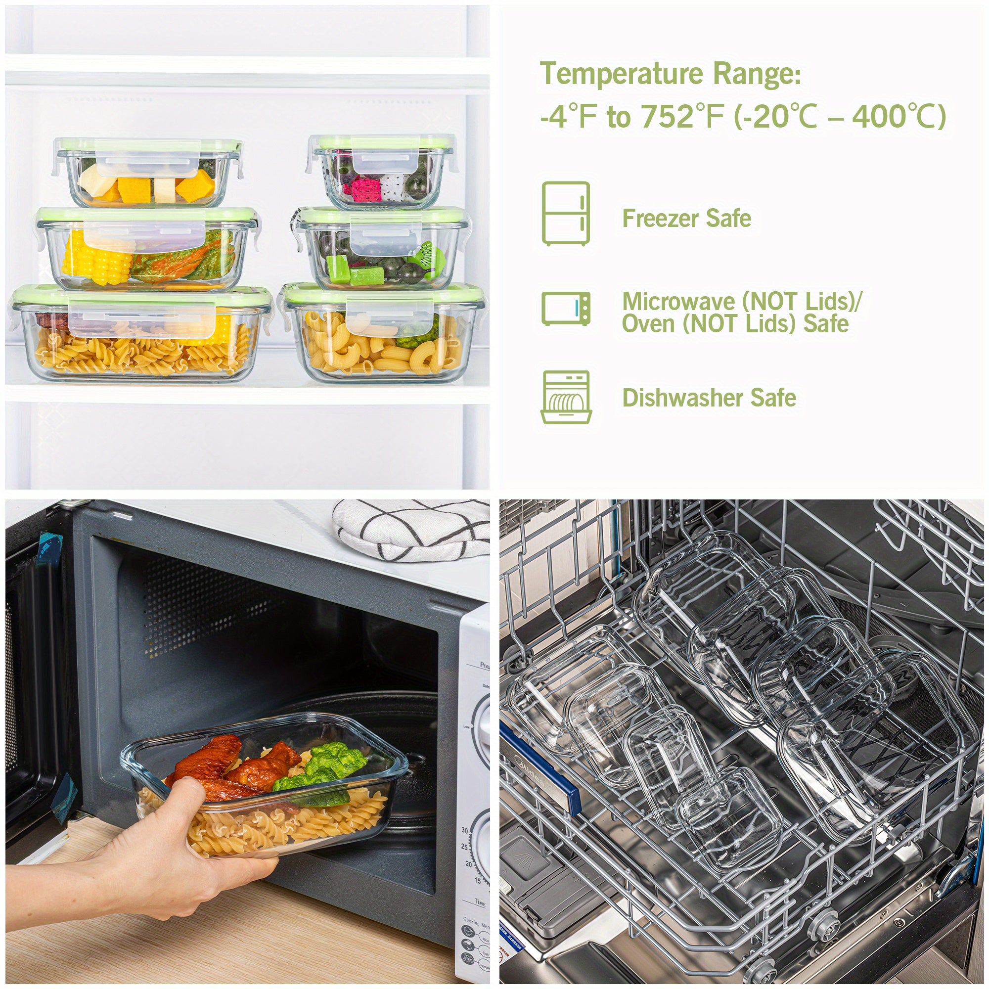 [8 Pack Grass Green Food Tubs] 8 Pack Grass Green Food & Dish Transport-Bus Tubs | Glass Food Storage Containers with Airtight Lids, Meal Prep Containers
