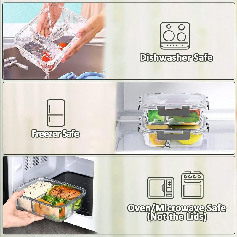 2025 Glass Meal Prep Containers 3 Compartment with Lids - Microwave, Oven & Dishwasher Safe Rectangular Food Storage Containers for Lunch, Portion Control & Leftovers, Back to School Bento Box, Lunch Box