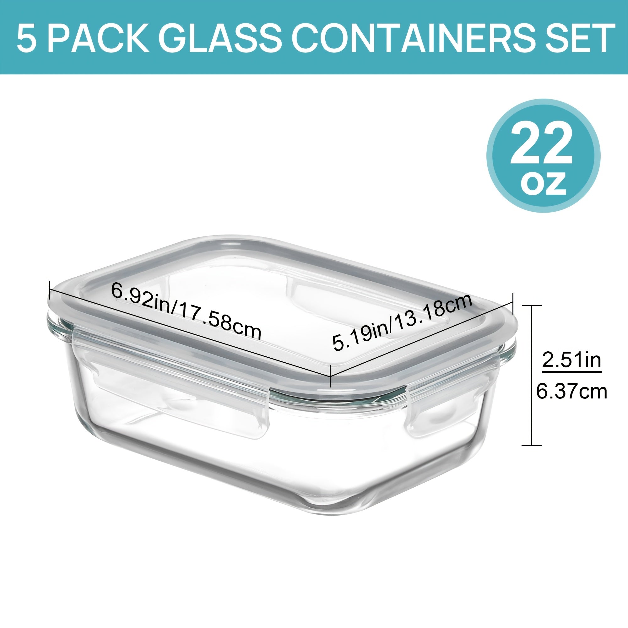 [Leakproof Glass Containers] Vtopmart 5pcs 22oz Glass Meal Prep Containers with Snap-On Lids | BPA-Free, Leakproof & Stackable Food Storage Sets for Lunch, Office, Gym - Microwave, Oven, Freezer Safe