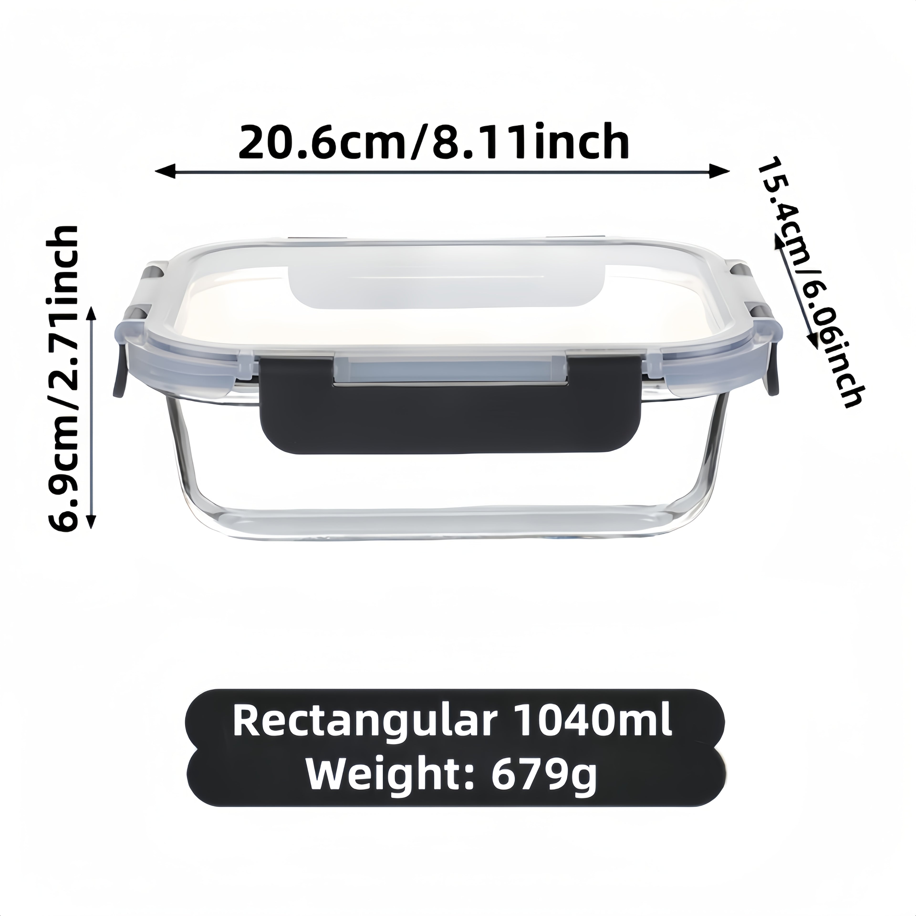 1pc Black Edge Transparent Lid Rectangular 35.17oz with Sealed Lid High Borosilicate Thickened Glass Food Storage Container Leak-proof Microwave Oven and Freezer Safe Built-in Silicone Ring with Four-Sided Locking Double Sealing Airtight Lid Stackable