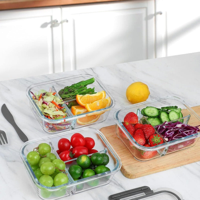 2025 Glass Meal Prep Containers 3 Compartment with Lids - Microwave, Oven & Dishwasher Safe Rectangular Food Storage Containers for Lunch, Portion Control & Leftovers, Back to School Bento Box, Lunch Box