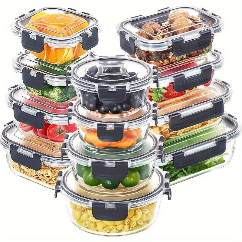 [Leak Proof Glass Containers] 12pcs Leak Proof Glass Food Storage Containers with Lids | Garlic Storage Box, Spice Jar, Meal Prep, Pantry Kitchen Storage Containers for Lunch, Airtight Glass Lunch Bento Boxes for Microwave, Oven, Freezer And Dishwasher