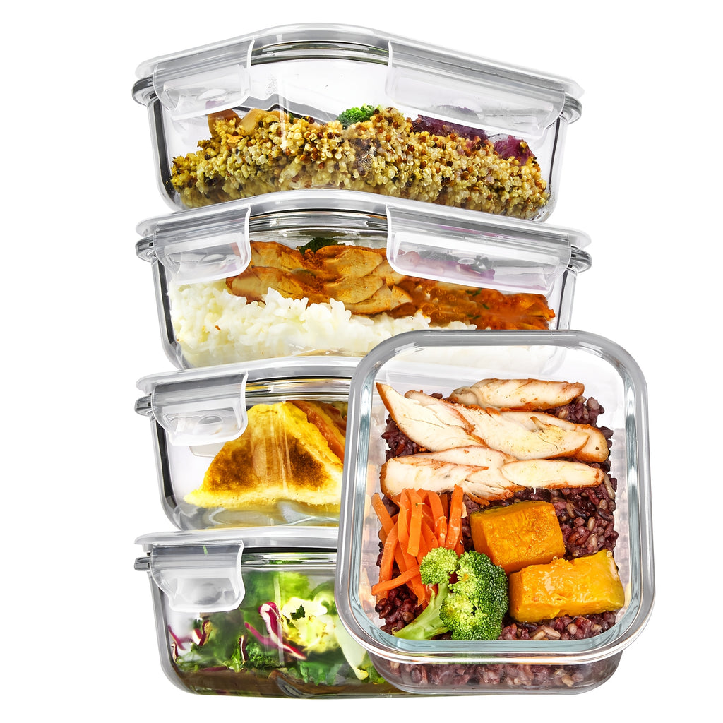 [Leakproof Glass Containers] Vtopmart 5pcs 22oz Glass Meal Prep Containers with Snap-On Lids | BPA-Free, Leakproof & Stackable Food Storage Sets for Lunch, Office, Gym - Microwave, Oven, Freezer Safe