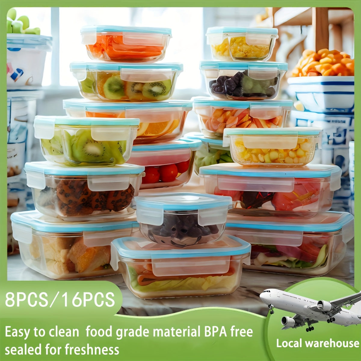 8/16pcs Storage Containers, Reusable Glass Freshness Boxes, Leak Proof Glassware Sets, Tableware Sets For Storing Fruits, Vegetables, Sandwiches, And Three Meals A Day
