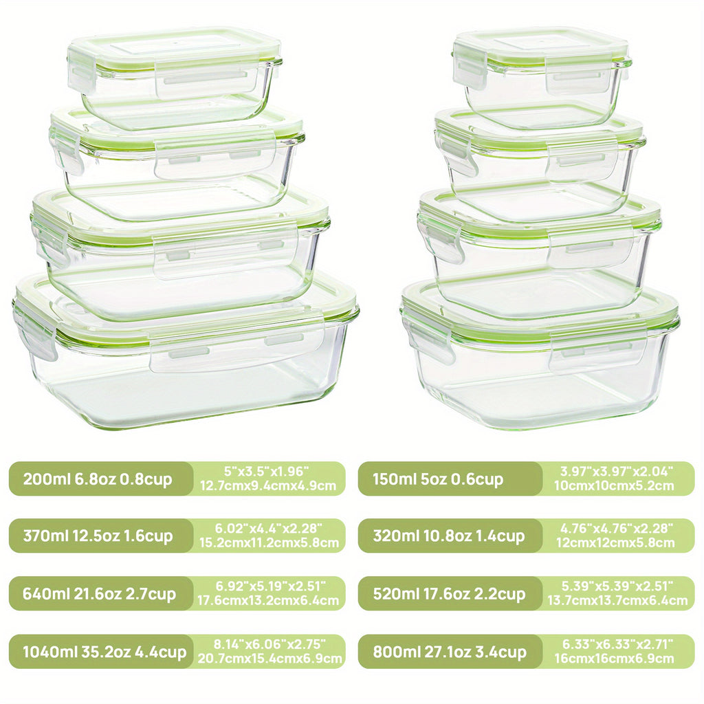 [8 Pack Grass Green Food Tubs] 8 Pack Grass Green Food & Dish Transport-Bus Tubs | Glass Food Storage Containers with Airtight Lids, Meal Prep Containers