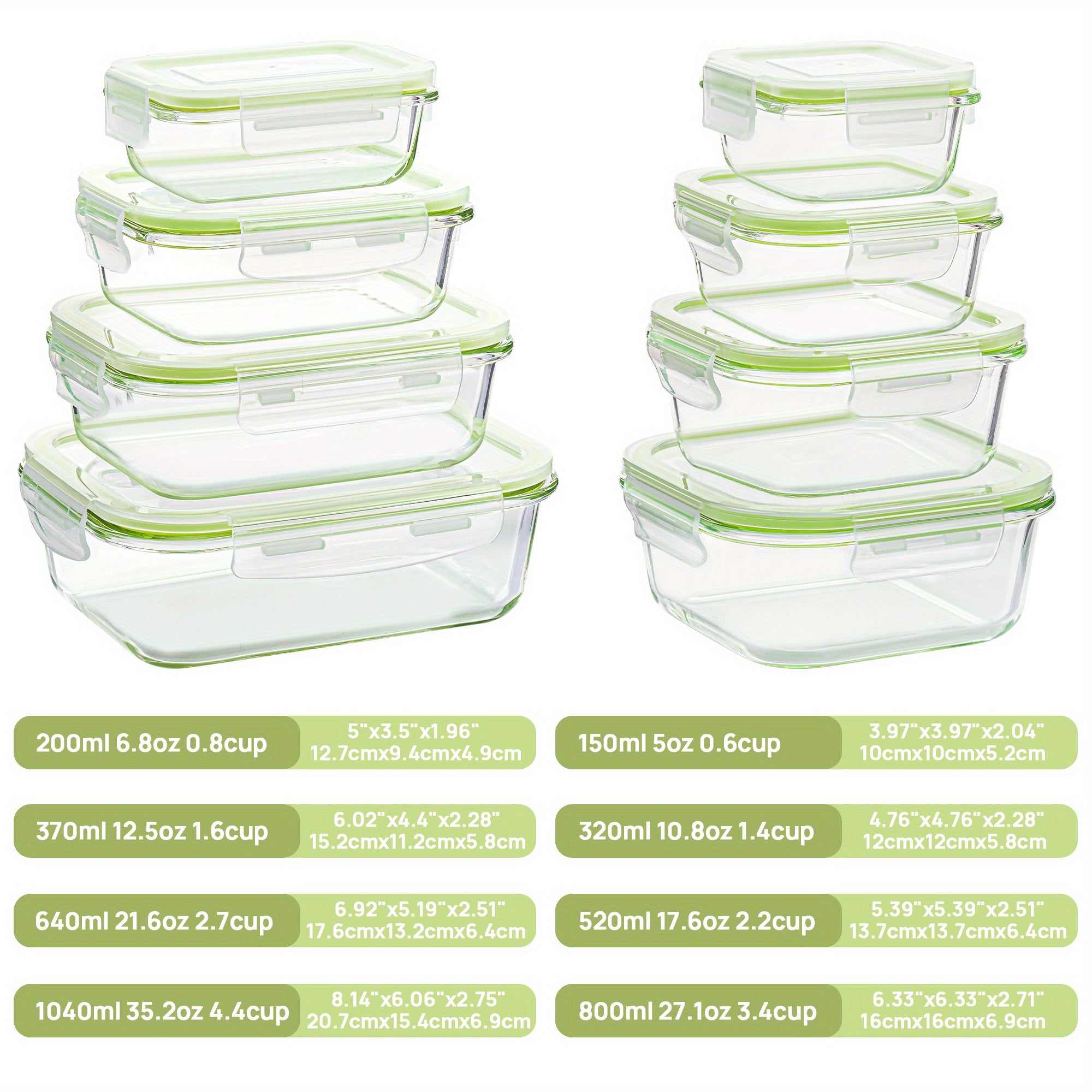 [8 Pack Grass Green Food Tubs] 8 Pack Grass Green Food & Dish Transport-Bus Tubs | Glass Food Storage Containers with Airtight Lids, Meal Prep Containers