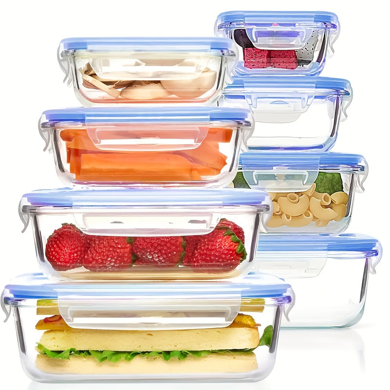 16pcs Glass Storage Containers with Lids (8 Food Storage Containers And 8 Lids), Rectangular Glass Meal Preparation Containers, Microwaveable Bento Boxes, Freezer Storage Containers, Food Service Delivery Boxes