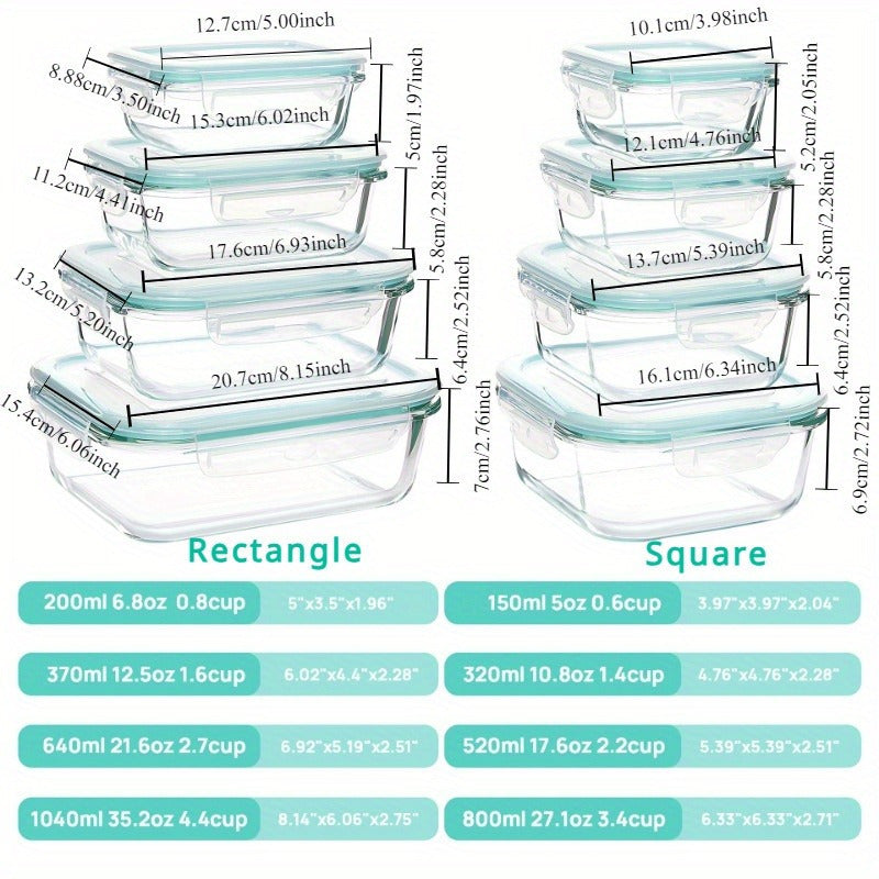 16pcs Set 8 Glass Bowls 8 Lids Microwave Oven Dishwasher Safe Airtight Leakproof Food Storage Containers Healthy Snacks And Leftovers Preparation Set