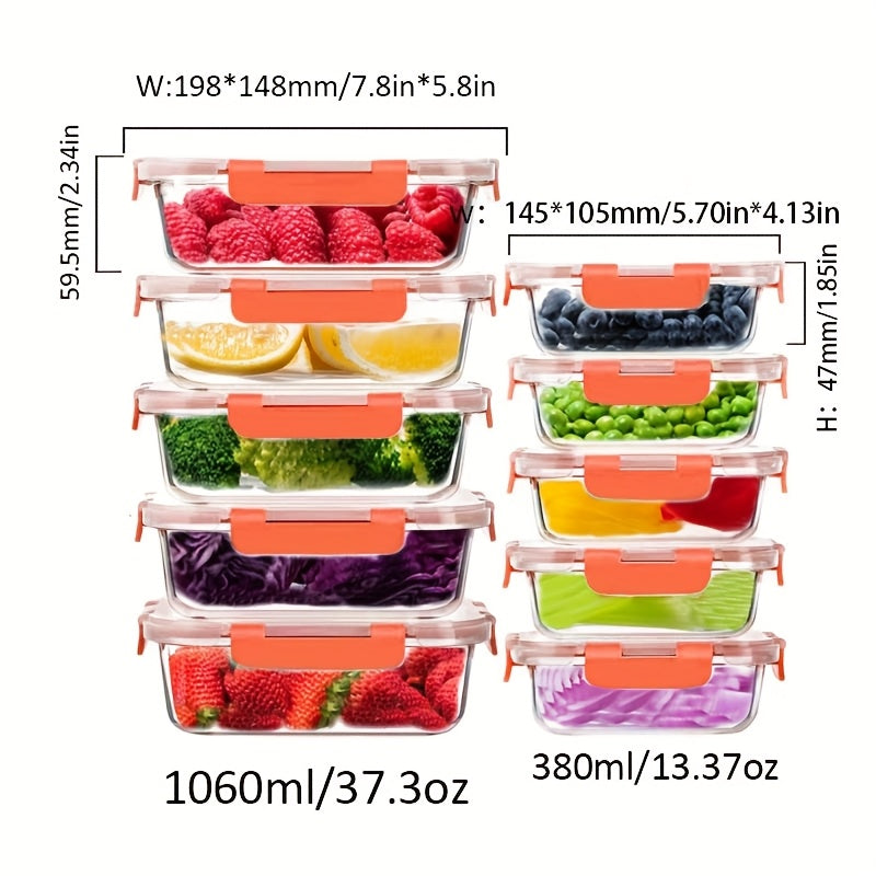 [20pcs Glass Crisper Set] 20pcs Large Capacity Food Grade Glass Crisper Set | Reusable Food Storage Box with Lid for Microwave, Refrigerator, Heating, Freezing, Storage, Pre-meal Preparation | 10 LIDS + 10 Glass Bowls, No Electricity Required