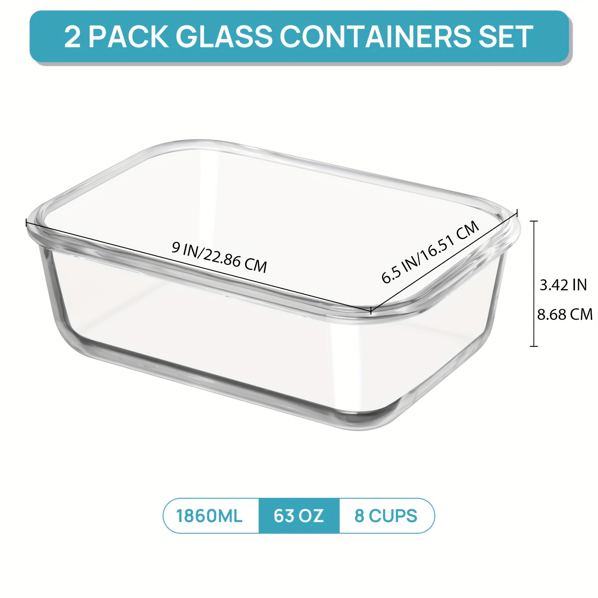 [Airtight Glass Containers] Vtopmart 2Pack Large Glass Storage Containers | 1860ml/ 63oz Meal Prep Food Container Set With Snap Airtight Lid For Baking, Microwave, Oven, Leak Proof, For Freezer, Dishwasher