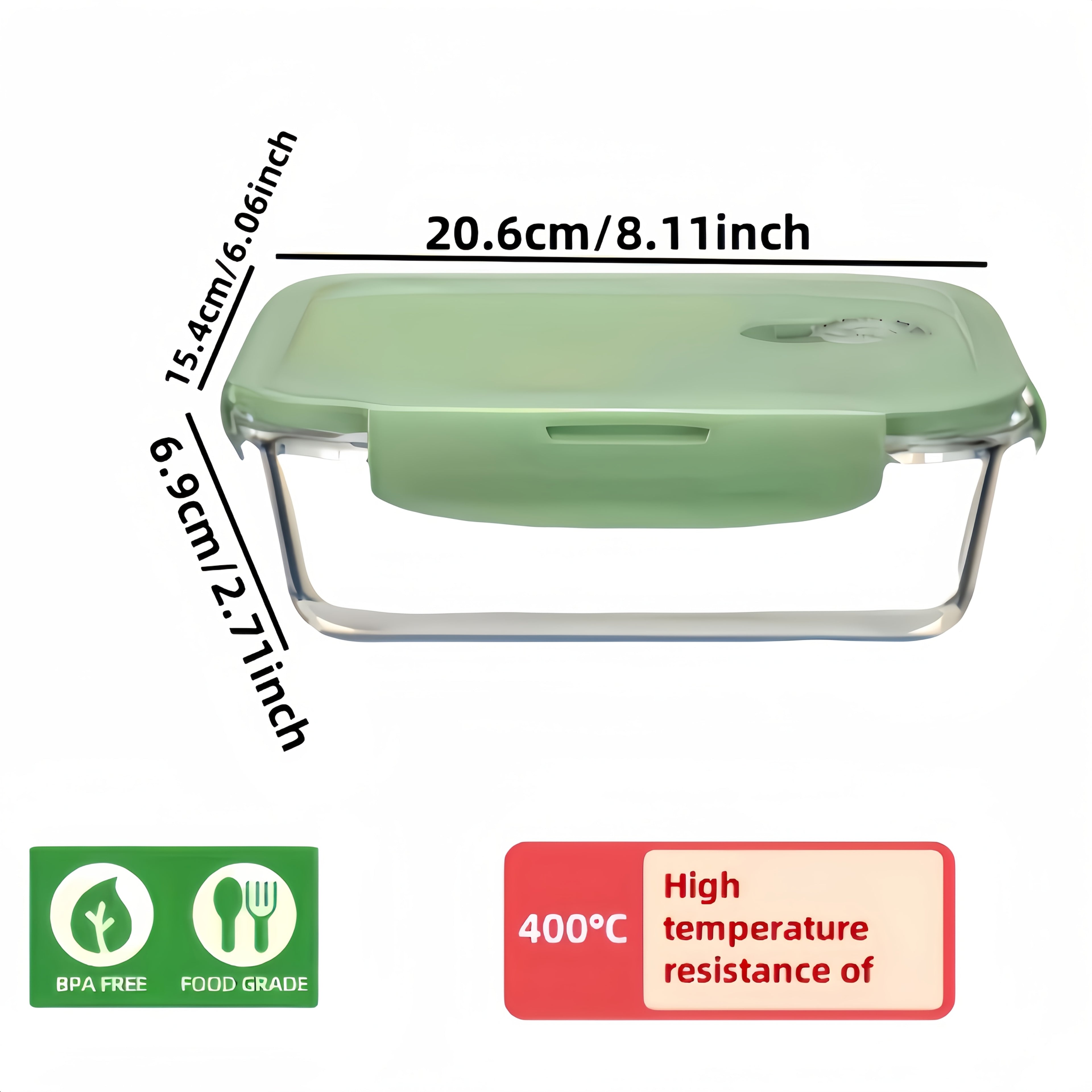 1pc Green Rectangular 35.17oz Borosilicate Thickened Glass Food Storage Container Leak-Proof, Healthy and Safe, Microwave and Oven Heatable, Refrigerator Freezer, Built-in Silicone Ring with Four-Side Locking Dual Seal, Airtight Lid, Stackable, Reusable